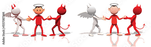 Red and White Devil Angel Figures Handshaking Cartoon Illustration handshake