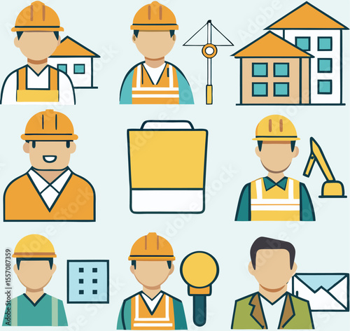 Construction Workers Icons Yellow Hard Hats Buildings Blueprint Engineering Teamwork Project