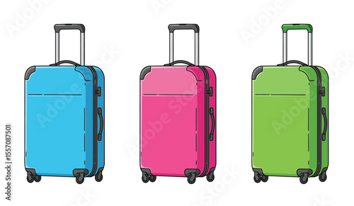 Vector set cartoon flat illustration of colorful suitcases isolated on white background. Blue, pink and green luggage travel bags with wheels. Modern polycarbonate suitcases for design, flyer, card.