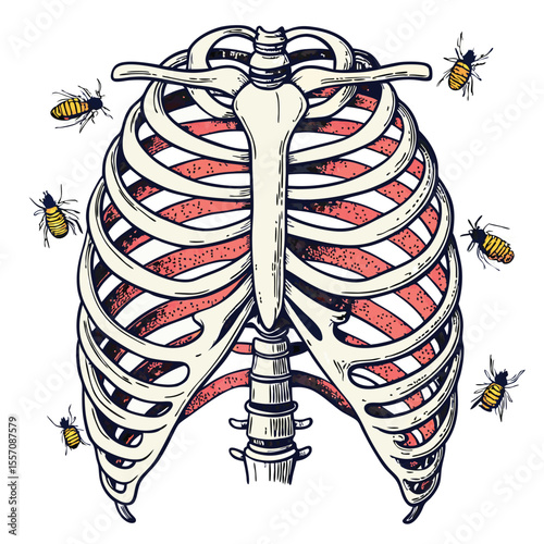 An anatomical view of a human ribcage, unnervingly opened with insects inside.