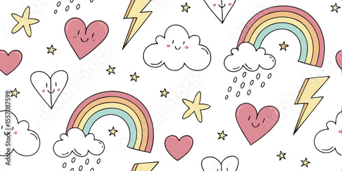 Whimsical Daydream: A seamless pattern bursts with joy featuring cartoon rainbows, charming hearts, fluffy clouds, and illuminating stars, creating a joyful ambiance
