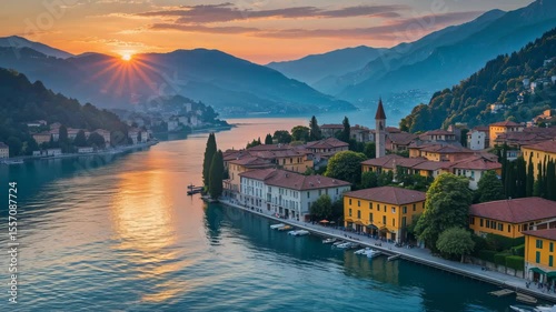 Aerial View of Sunset Over Beautiful Varenna: A Scenic Tour of Como Lake Village