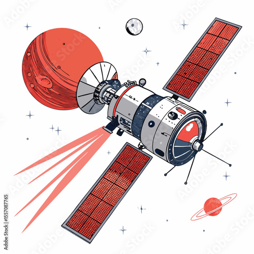 A futuristic robotic satellite orbits the red planet Mars, illuminated by bright sun lens flares.