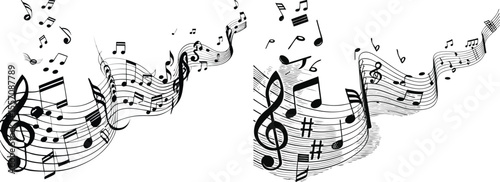 Black and White Musical Notes Swirling Design Abstract Music Score Treble Clef G Clef Background
