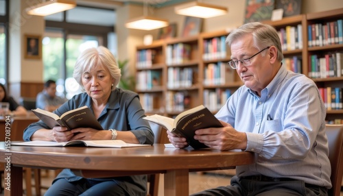 realistic medium shot photo of elderly friends reading at a public library table with calm focused e