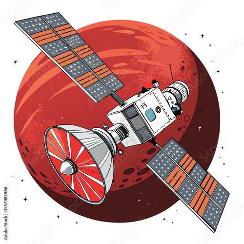 A futuristic robotic satellite orbits Mars, illuminated by bright lens flares.