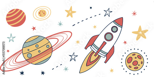 Cosmic Journey: Embark on an illustrated journey through space featuring a dynamic rocket, captivating planets, and twinkling stars, all in a vibrant artistic style.