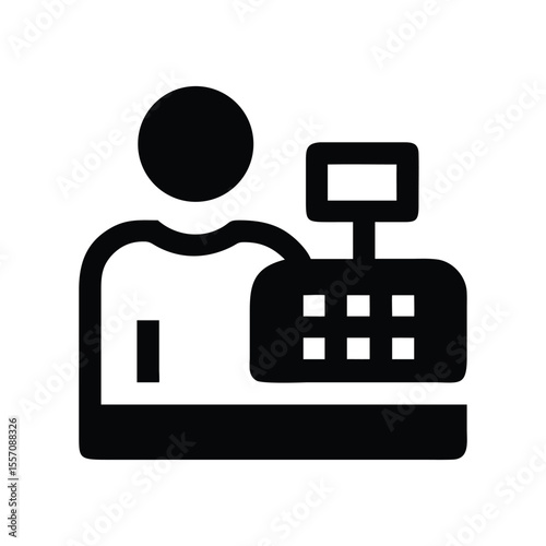 Stylized Illustration of a Person at a Cash Register in Simple Black and White Symbolic of Commerce and Retail