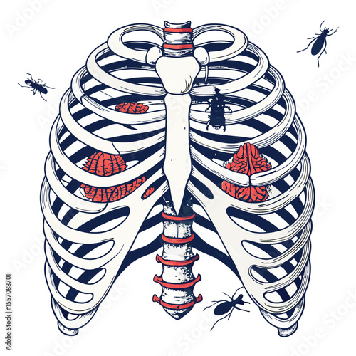 A disquieting image of an opened human ribcage teeming with crawling insects.