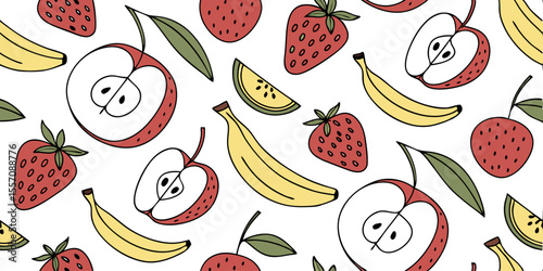Fruitful Delight: An appetizing array of hand-drawn illustrations of colorful fruits, creating a cheerful, fresh, and healthy design.