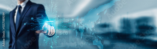 Businessman touching icon and word SEO on a digital screen, emphasizing search engine optimization to boost website ranking, increase organic traffic, and improve online visibility for business growth