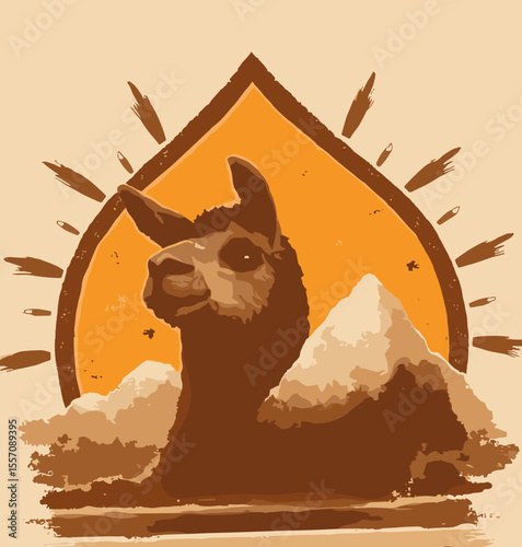 Artistic illustration of a llama set against mountains and a stylized sun in warm tones