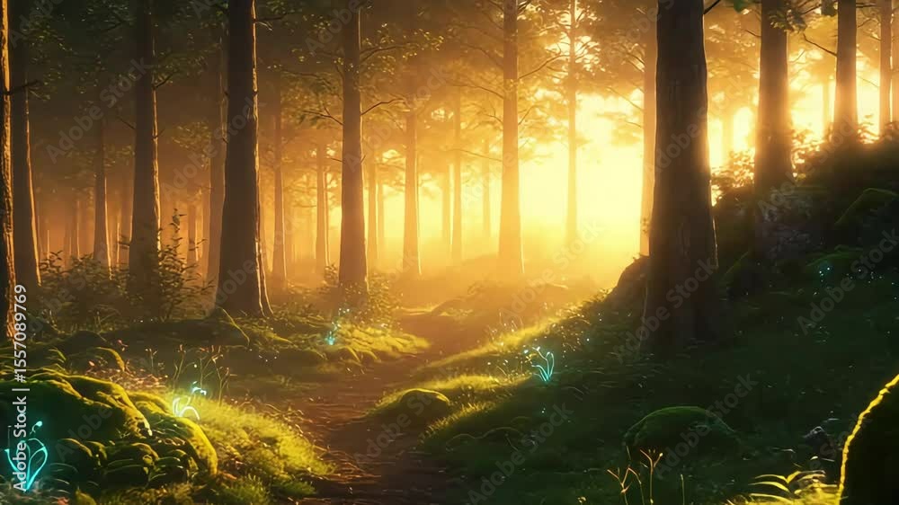 Enchanted forest at sunset with glowing flora, a winding path leading through lush greenery, and soft sunlight filtering through trees
