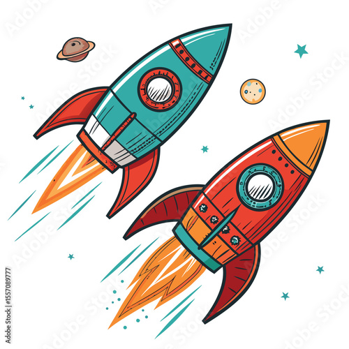 Two cartoon spaceships, one red, blast off in an exciting intergalactic race.