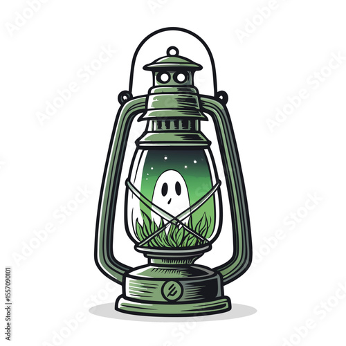 A mystical lantern glows with eerie green flame, containing a spectral ghost within.