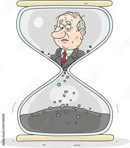 Hourglass with a sad government official whose time is running out, vector cartoon illustration on a white background