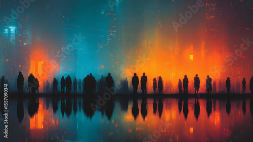 Silhouetted figures stand against the glowing haze of a futuristic metropolis, where photorealistic neon lights and blurred architectural outlines evoke a cinematic vision of tomorrow. Generative AI