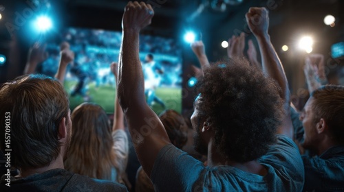 Cheering Crowd at Sports Event: A lively crowd of diverse sports fans raise their hands in exuberant celebration, engrossed in the excitement of a thrilling game displayed on a large screen.  