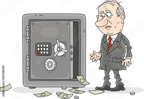 Sad unlucky businessman in front of an open empty safe in his office, vector cartoon illustration isolated on a white background