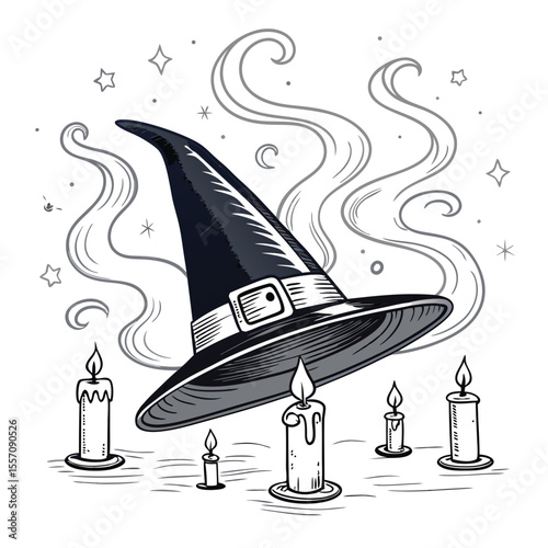 Enchanted witch hat floating amidst swirling smoke and glowing candles.