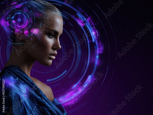 Woman with technology augmentation: A stunning woman is enhanced by futuristic technology, embodying the merging of human beauty and technological innovation.