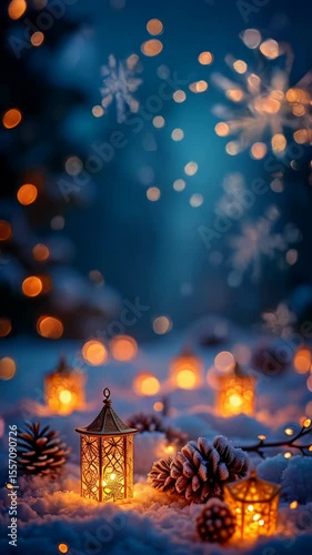 A serene winter scene with glowing lanterns, pine cones, and soft snow. Snowflakes fall gently in a blue twilight atmosphere, creating a cozy holiday ambiance.