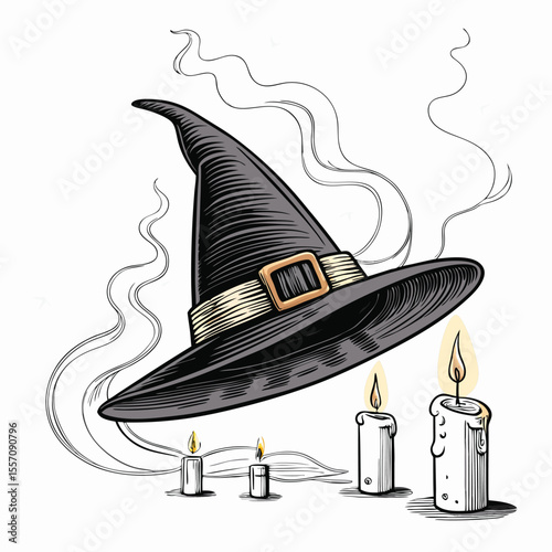 A magical witch's hat floats, emitting mystical smoke trails amidst soft candlelight.