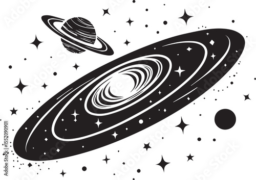 Black silhouette of a spiral galaxy icon in minimal flat vector style, cosmic swirl design representing space, universe, and astronomy, isolated PNG graphic on white background

