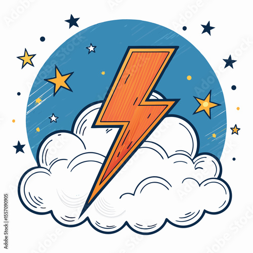 A dramatic lightning bolt illuminates a dark night sky with clouds and twinkling stars.