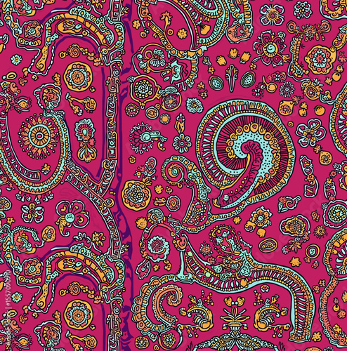 Intricate paisley pattern with vibrant colors on a magenta background