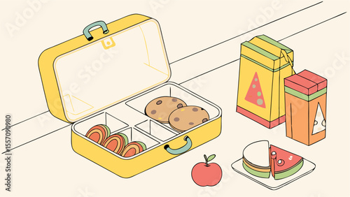 Isometric view of a yellow lunchbox with cookies, sliced snacks, apple, juice boxes and cake on a table