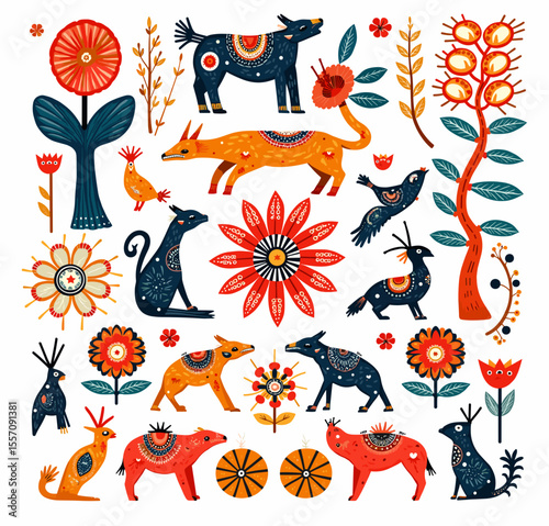 Colorful folk art illustration featuring animals and flowers on a light background