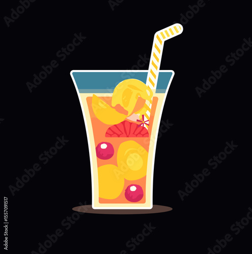 Fruit cocktail in a glass with a straw and colorful fruit slices on a dark background