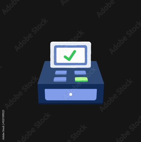 Digital cash register icon with a checkmark on a dark background