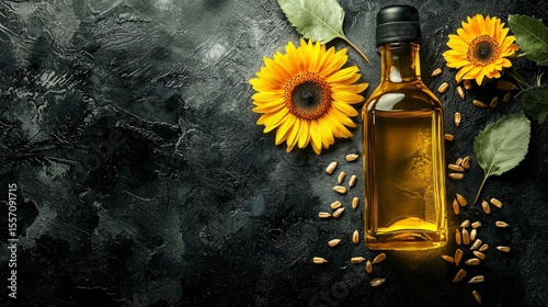 A bottle of sunflower oil rests next to vibrant sunflowers and scattered seeds, creating a warm and inviting atmosphere perfect for cooking inspiration