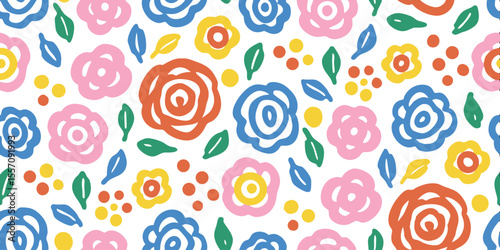 Floral Fantasia: A vibrant and cheerful floral pattern showcases a kaleidoscope of colorful blossoms and stylized leaves against a background of pure pristine white.