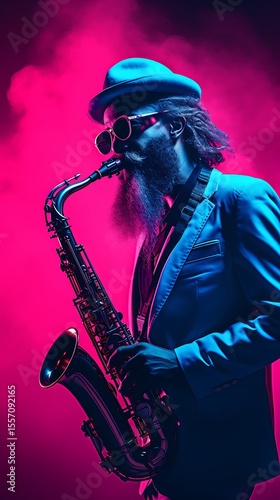 Stylish man with beard and hat plays saxophone under dramatic pink and blue lighting