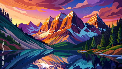 Maroon Bells and Maroon Lake at sunset time with amazing sky, White River National Forest cartoon design Flat style illustration vector, Colorado