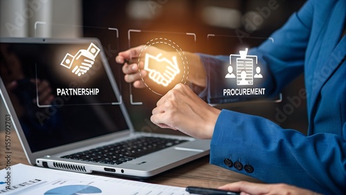 Businessman managing digital procurement process with contract, invoice, approval documents, representing B2B sourcing, vendor management, supply chain, e-procurement, paperless contract workflow.