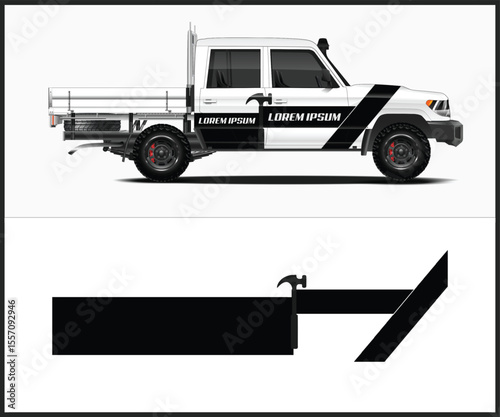 White Pickup Truck with Black Graphics and Vinyl Decals