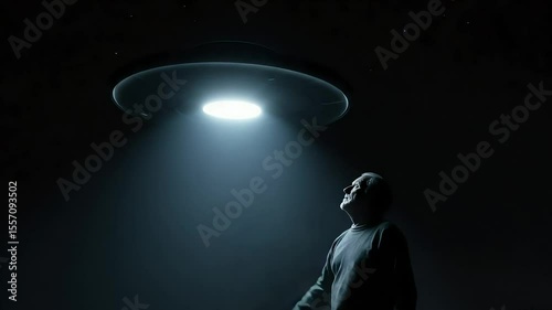 Mysterious UFO Hovering Above Person Reaching Up in the Dark – Sci-Fi and Alien Encounter Concept
