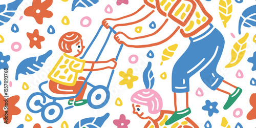 Playful Family Moment: A heartwarming illustration showcases a parent and two children engaged in joyful activities, creating a scene of family bonding and outdoor fun.