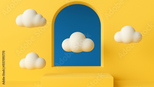 Minimalist Yellow Stage with Blue Arch and Floating White Clouds Perfect for Product Display or Abstract Backgrounds and Creative Presentations 3D