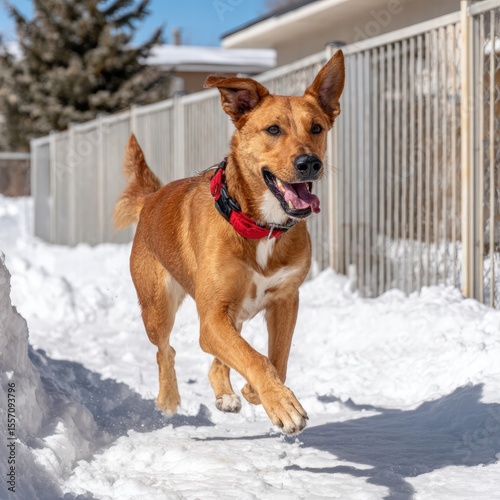 An overjoyed pet dog is rolling around in the fresh snow with crisp motion blur and a high fidelity exposure on a sunny day outside.