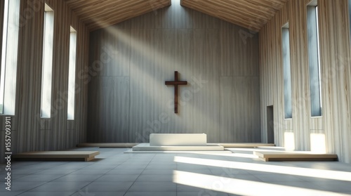 Minimalist Chapel Interior with Ethereal Light and Altar Focal Point