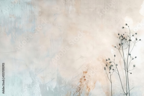 Neutral textured wall with dried floral stems in the corner. Soft blue, beige, and brown tones.