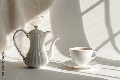 Still life featuring a white teapot and teacup with tea, positioned on a white surface and partially shaded by windowpane shadows.
