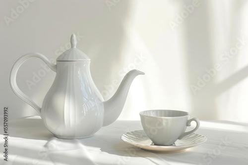 A white ceramic teapot and teacup with saucer sit on a white cloth in sunlight, creating shadows.
