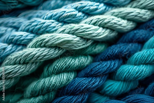 Close-up view of several rows of twisted blue and green yarn, with variations in color adding visual texture and depth.