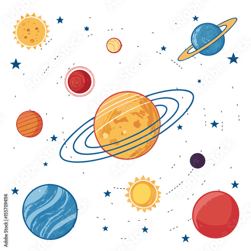 A stylized depiction of the solar system, showing planets in perfectly circular orbits.